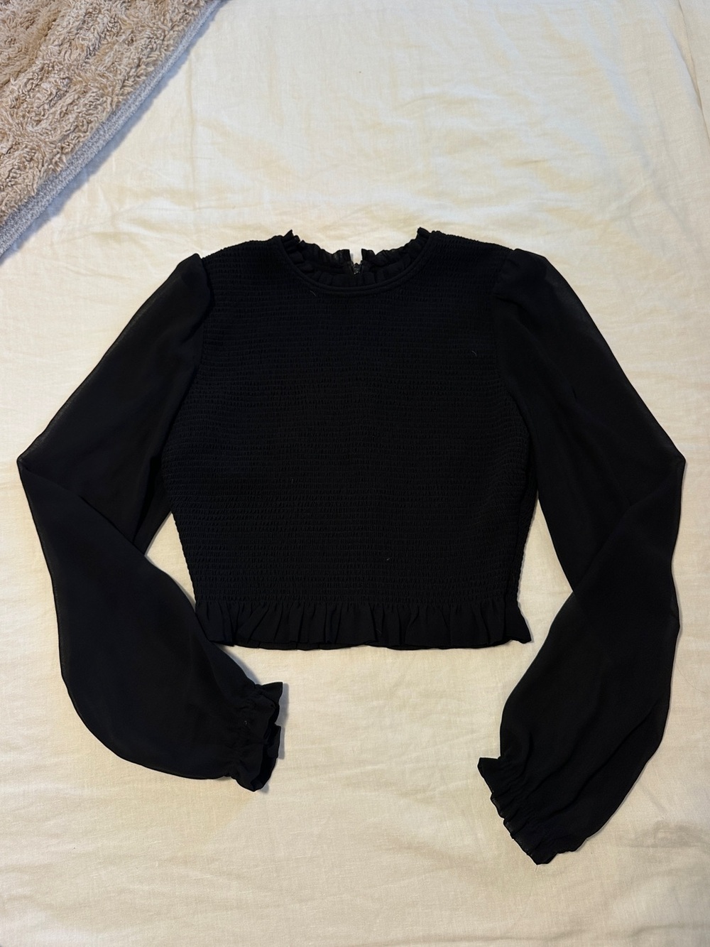 Wilfred Black Smocked Ruffle-Hem Long Sleeve Blouse